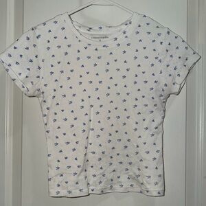 Women's White and Blue Floral Short Sleeve Tee